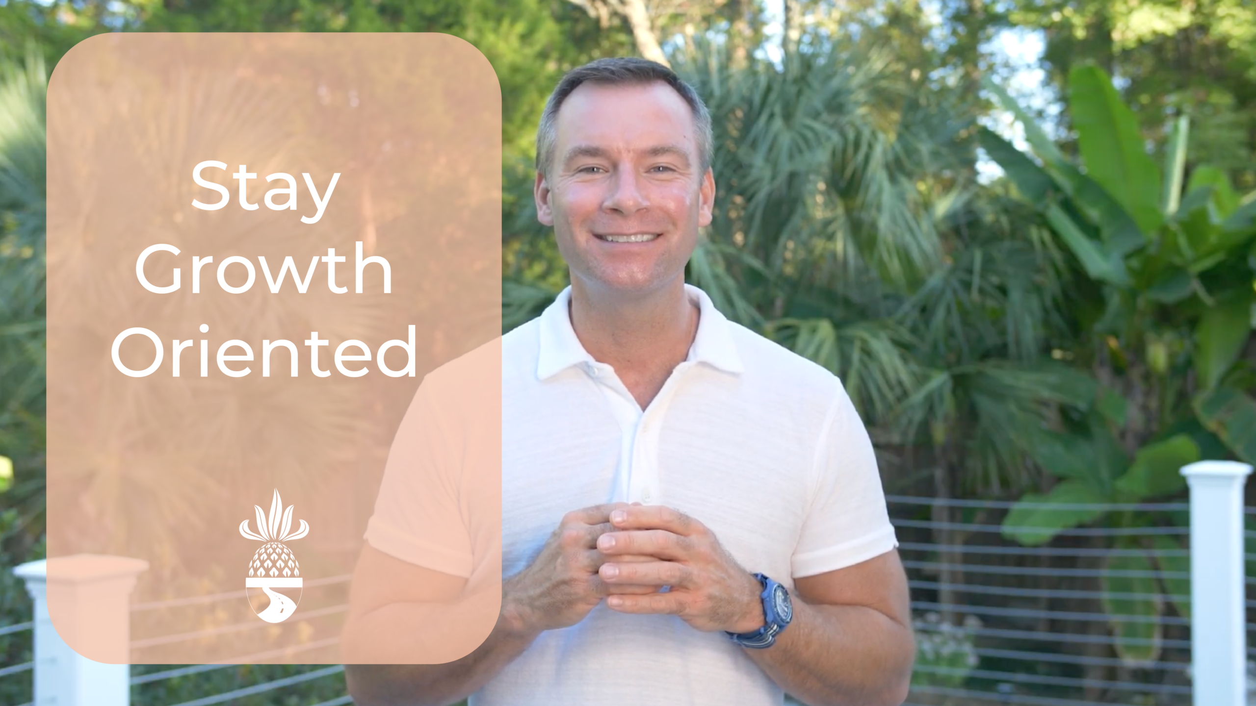 Tim Evans of Eastwood Wealth smiling outdoors with text that reads Stay Growth Oriented, from the Retirement Rules of the Road series
